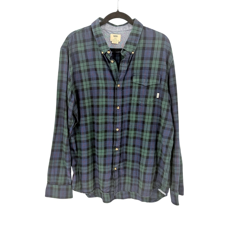 Plaid Mens Button Down Rugged Flannel Shirt Size L Blue Green Cabin Gorpcore